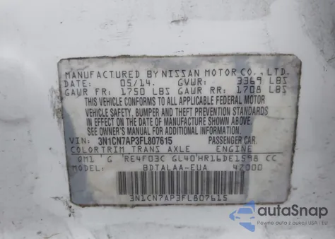 2015 Nissan Versa 1.6 S из США, поврежденный, VIN 3N1CN7AP3FL807615